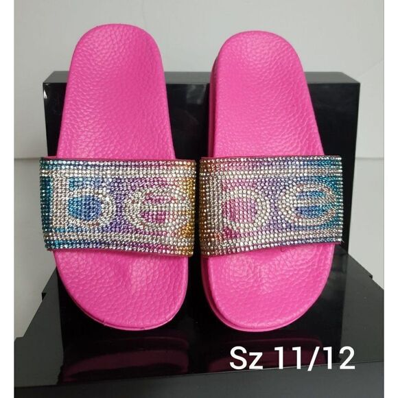 Bebe Girls Slides Pink Bling Rhinestone Embellished Slip On Slides size 11/12 - Picture 1 of 6